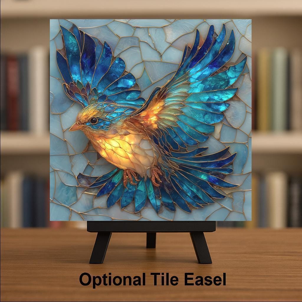 Bluebird Ceramic Tile Wall Art – Stained Glass Style Bird Decor, Nature Wall Decor Home Decor Gift with Flying Blue Bird Design