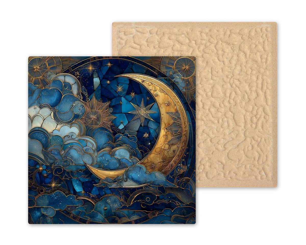 Moon Goddess Stained Glass Style Ceramic Art Tile – Celestial Night Sky Wall Decor, Mystical Spiritual Gift