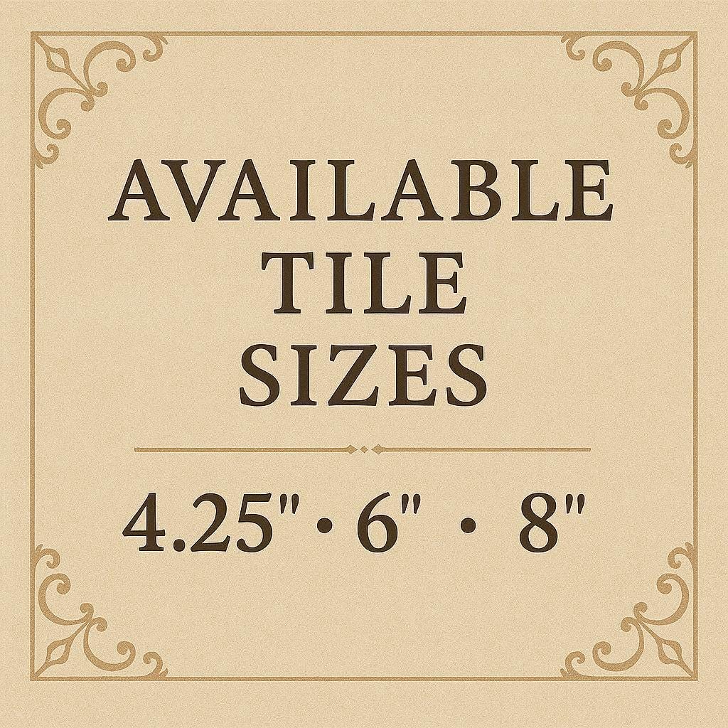 Available ceramic art tile sizes 4.25 inch, 6 inch, and 8 inch options for decorative wall art and home décor.