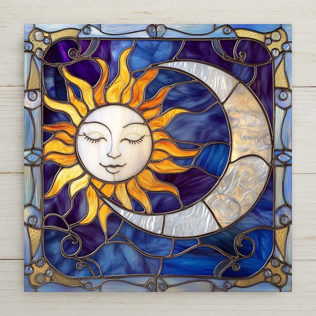 Sun and moon ceramic tile in stained glass style. Features celestial faces, glowing gold and moonlight tones. A cosmic gift for home décor lovers.