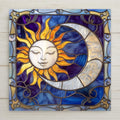 Sun and moon ceramic tile in stained glass style. Features celestial faces, glowing gold and moonlight tones. A cosmic gift for home décor lovers.