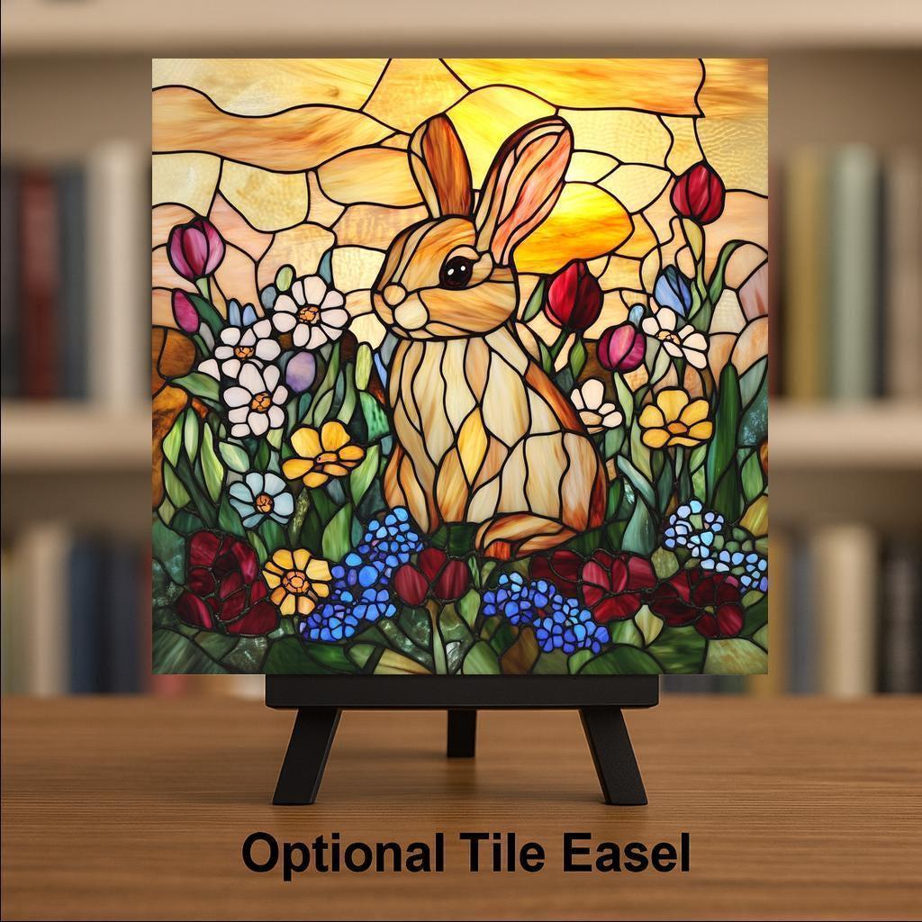 Sunset Bunny Stained Glass Style Ceramic Art Tile: Nature Wall Decor Art Lover Gift Home Decor Wall Art