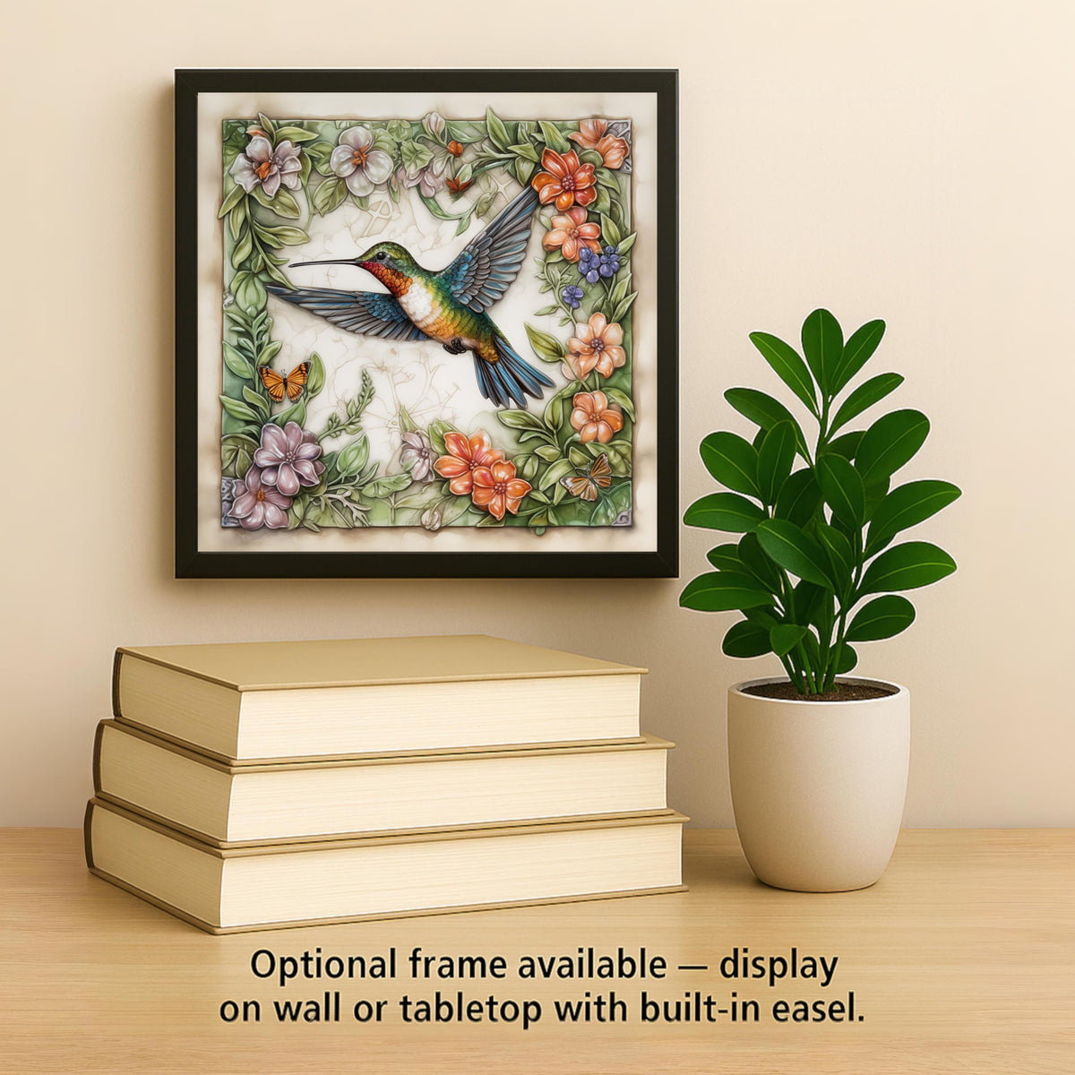 Hummingbird Floral Wreath Wall Art Ceramic Tile Garden Gift Stained Glass Style Decor Bird Art Hummingbird Gift Tile