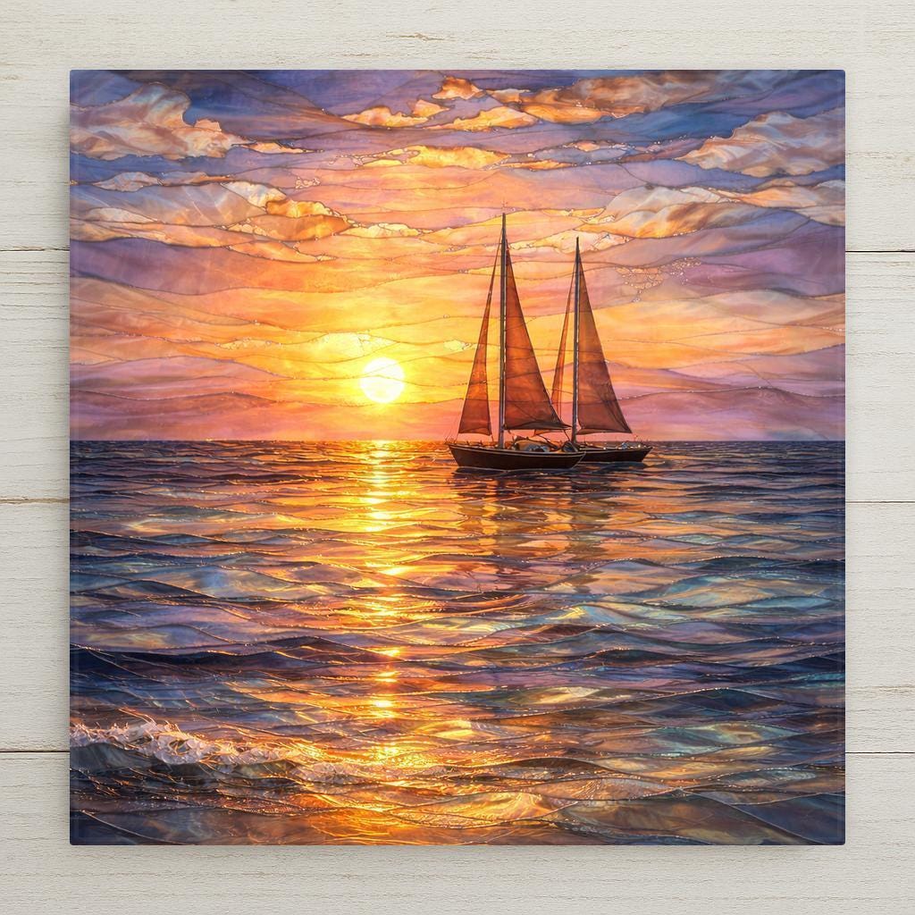 Sailboat ceramic tile wall art featuring a stained glass-style sunset over the ocean with a sailing boat on glowing water. Warm sky colors and golden reflections create peaceful coastal decor. Printed on ceramic tile with fine detail. Designed for shelf or wall display with optional tile wall hanger, easel tile stand, cork backing, or premium frame.