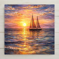 Sailboat ceramic tile wall art featuring a stained glass-style sunset over the ocean with a sailing boat on glowing water. Warm sky colors and golden reflections create peaceful coastal decor. Printed on ceramic tile with fine detail. Designed for shelf or wall display with optional tile wall hanger, easel tile stand, cork backing, or premium frame.