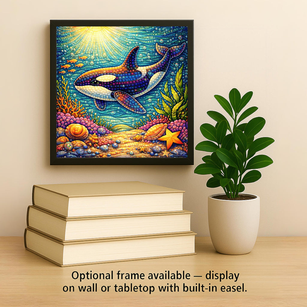 Whimsical Orca Ceramic Tile Wall Art – Coastal Ocean Nursery Decor, Stained Glass Style Killer Whale, Beach House Home Decor