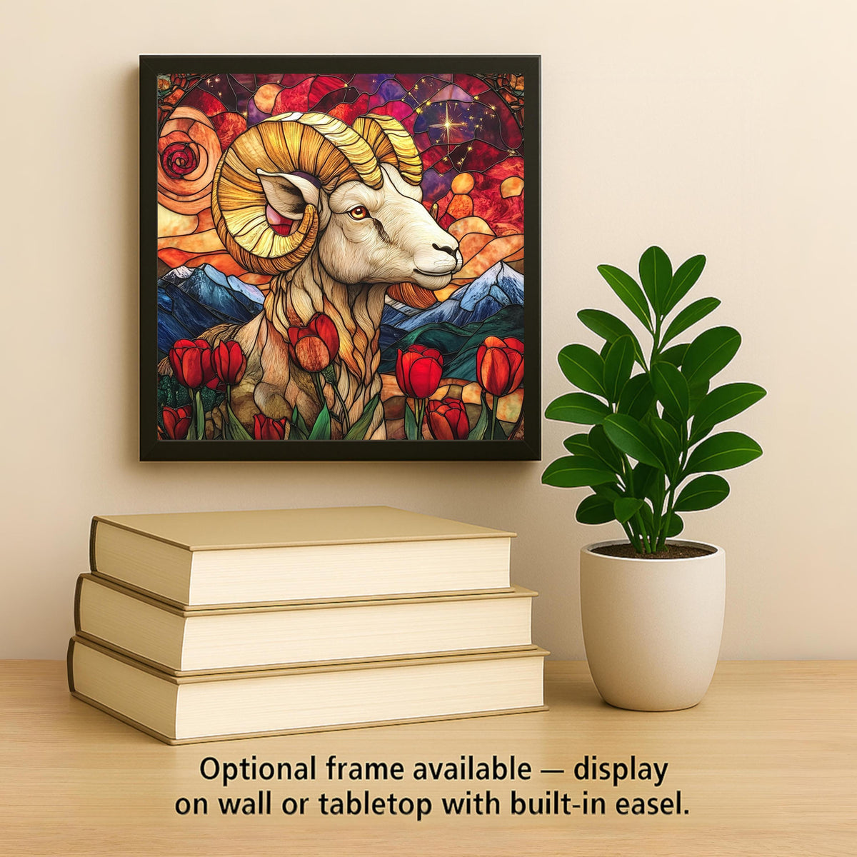 Aries Zodiac Stained Glass Style Ceramic Art Tile – Astrology Wall Decor, Ram Constellation Birthday Accent