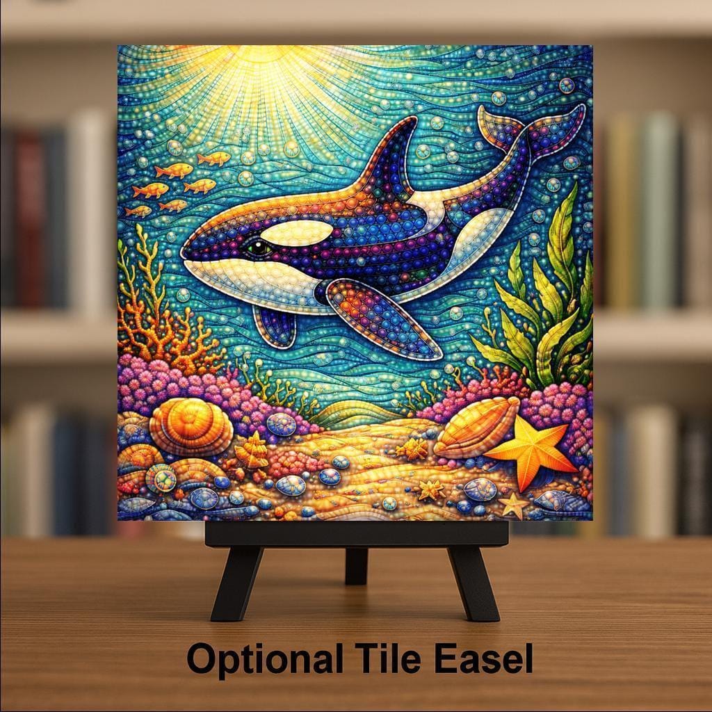Whimsical Orca Ceramic Tile Wall Art – Coastal Ocean Nursery Decor, Stained Glass Style Killer Whale, Beach House Home Decor