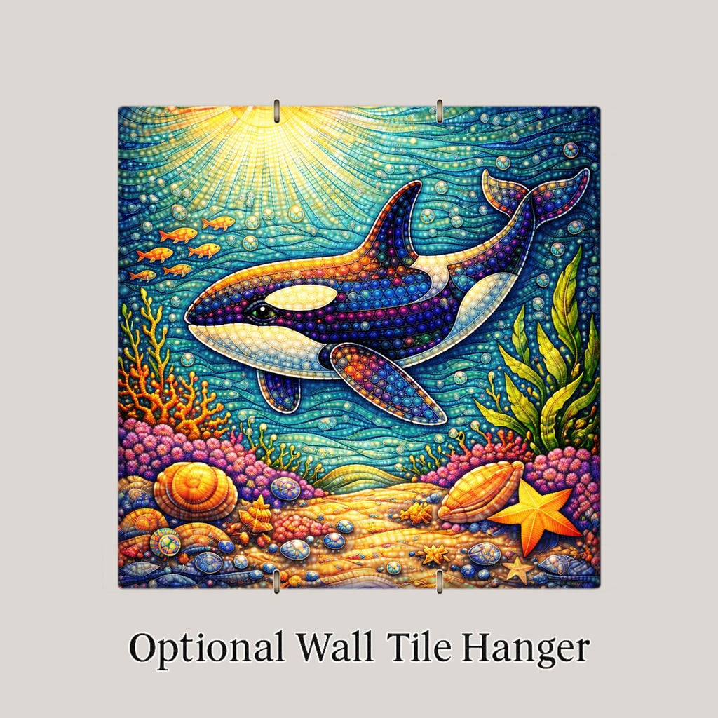 Whimsical Orca Ceramic Tile Wall Art – Coastal Ocean Nursery Decor, Stained Glass Style Killer Whale, Beach House Home Decor