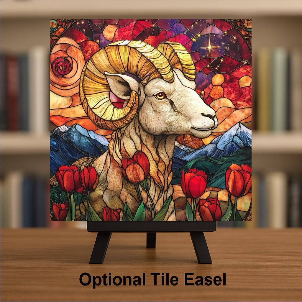 Aries Zodiac Stained Glass Style Ceramic Art Tile – Astrology Wall Decor, Ram Constellation Birthday Accent