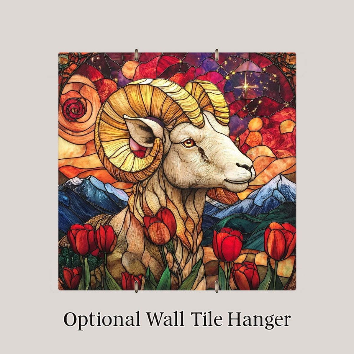 Aries Zodiac Stained Glass Style Ceramic Art Tile – Astrology Wall Decor, Ram Constellation Birthday Accent
