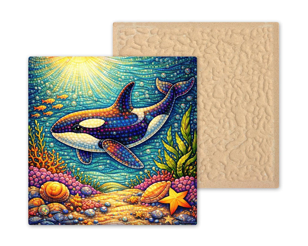 Whimsical Orca Ceramic Tile Wall Art – Coastal Ocean Nursery Decor, Stained Glass Style Killer Whale, Beach House Home Decor