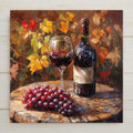 Rustic wine-themed ceramic tile art featuring a bottle, glass, and grapes. A cozy fall decor accent or thoughtful handmade gift for wine lovers.