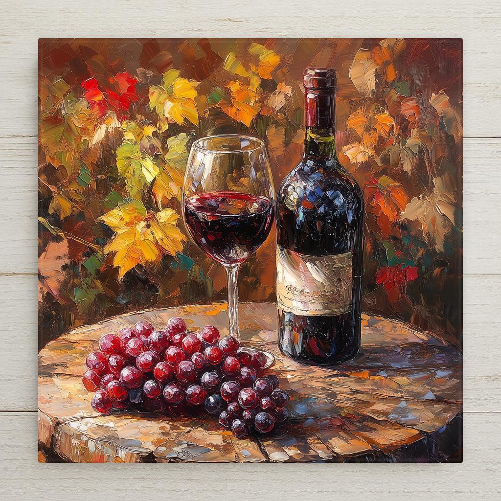 Rustic wine-themed ceramic tile art featuring a bottle, glass, and grapes. A cozy fall decor accent or thoughtful handmade gift for wine lovers.