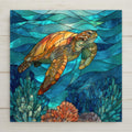 Sea turtle ceramic tile artwork in stained glass style swimming through turquoise ocean waves above coral reef textures.