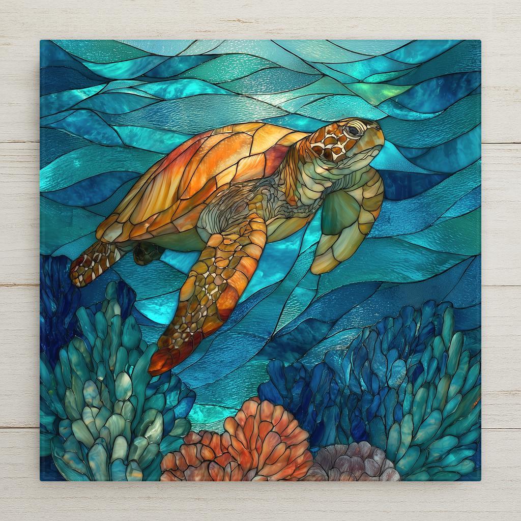 Sea turtle ceramic tile artwork in stained glass style swimming through turquoise ocean waves above coral reef textures.