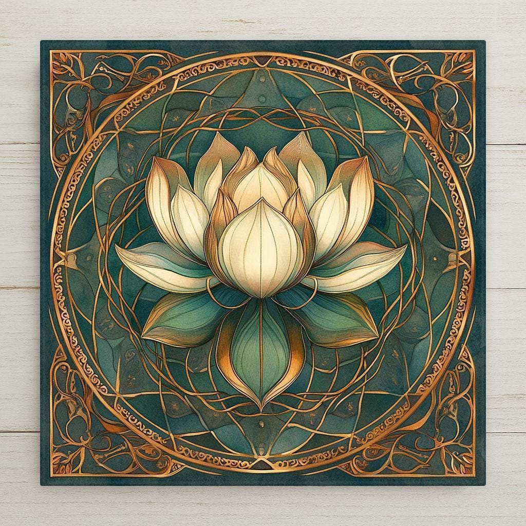 Art Nouveau-inspired ceramic tile featuring a blooming lotus in teal and gold mandala design. Ideal for yoga rooms, altars, or serene boho décor.