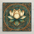 Art Nouveau-inspired ceramic tile featuring a blooming lotus in teal and gold mandala design. Ideal for yoga rooms, altars, or serene boho décor.