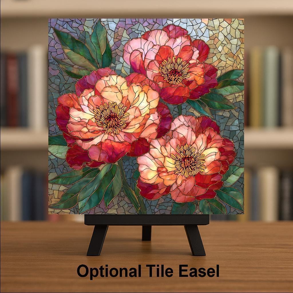 Peony Wall Art Ceramic Tile Mosaic Style Pink Floral Decor Coral Flower Tile Garden Bloom Bedroom Floral Nature Art