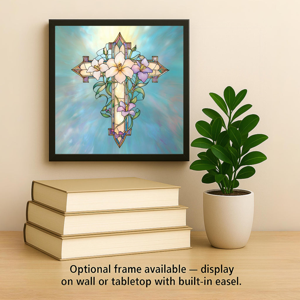 Cross Stained Glass Style Ceramic Art Tile – Easter Lily Christian Faith Wall Decor, William Morris Sympathy Accent