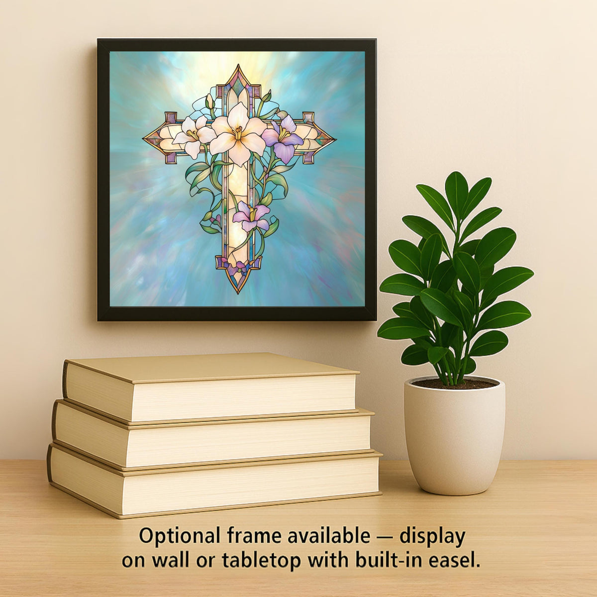Cross Stained Glass Style Ceramic Art Tile – Easter Lily Christian Faith Wall Decor, William Morris Sympathy Accent