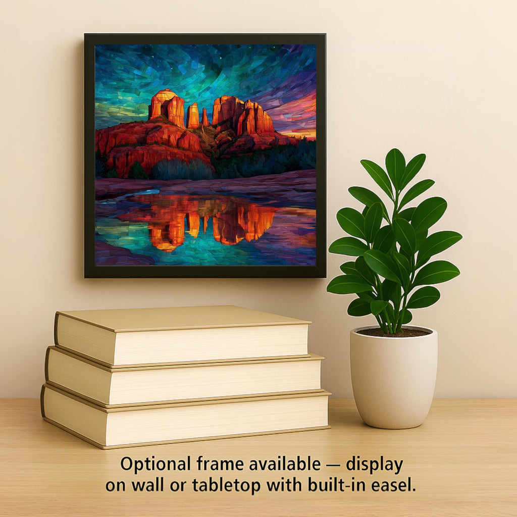 Sedona Cathedral Rock Ceramic Tile: Stained Glass Style Southwest Landscape with Sunset Reflection