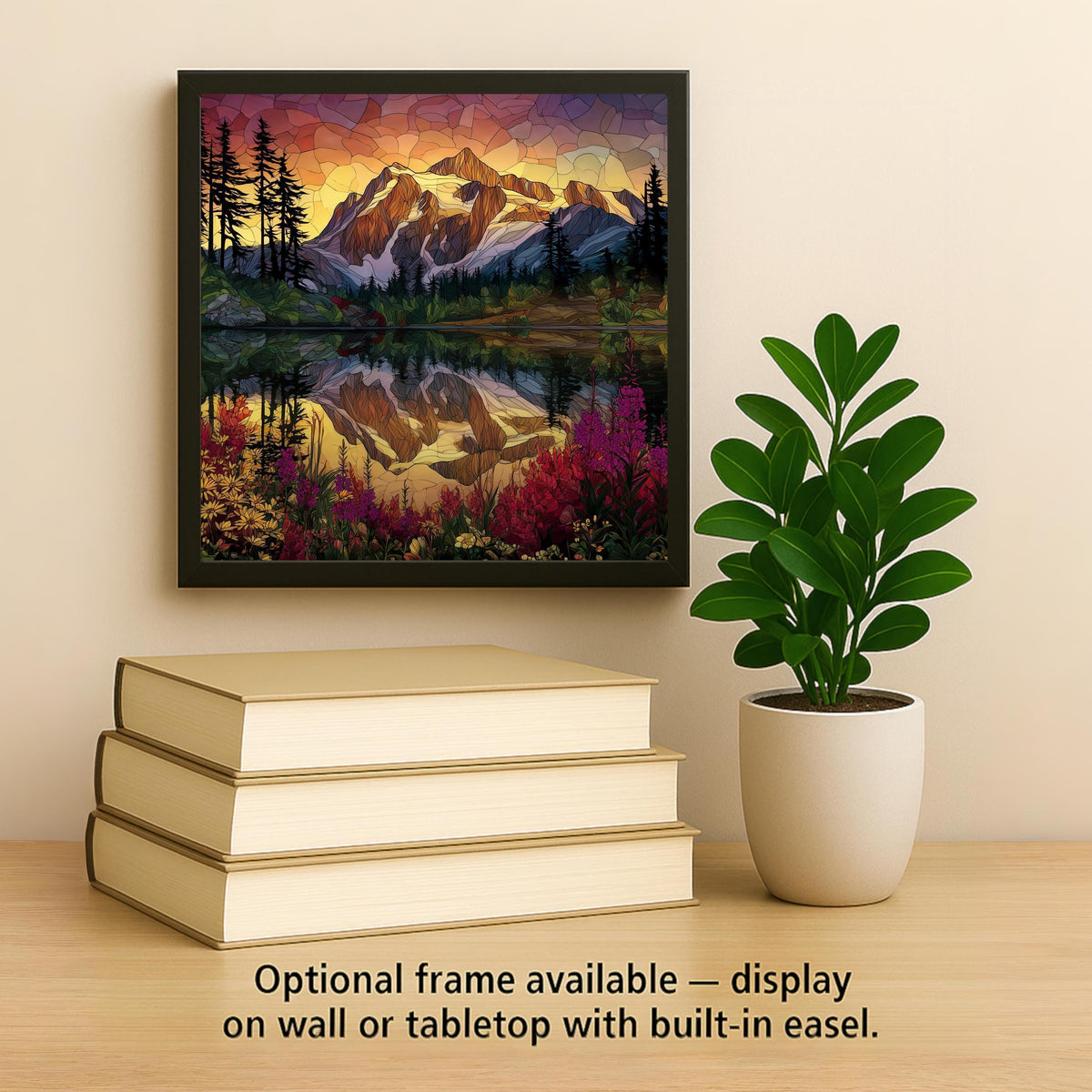 Mt Shuksan Ceramic Art Tile – Stained Glass Style Mountain Sunrise Wall Decor, Pacific Northwest Nature Gift