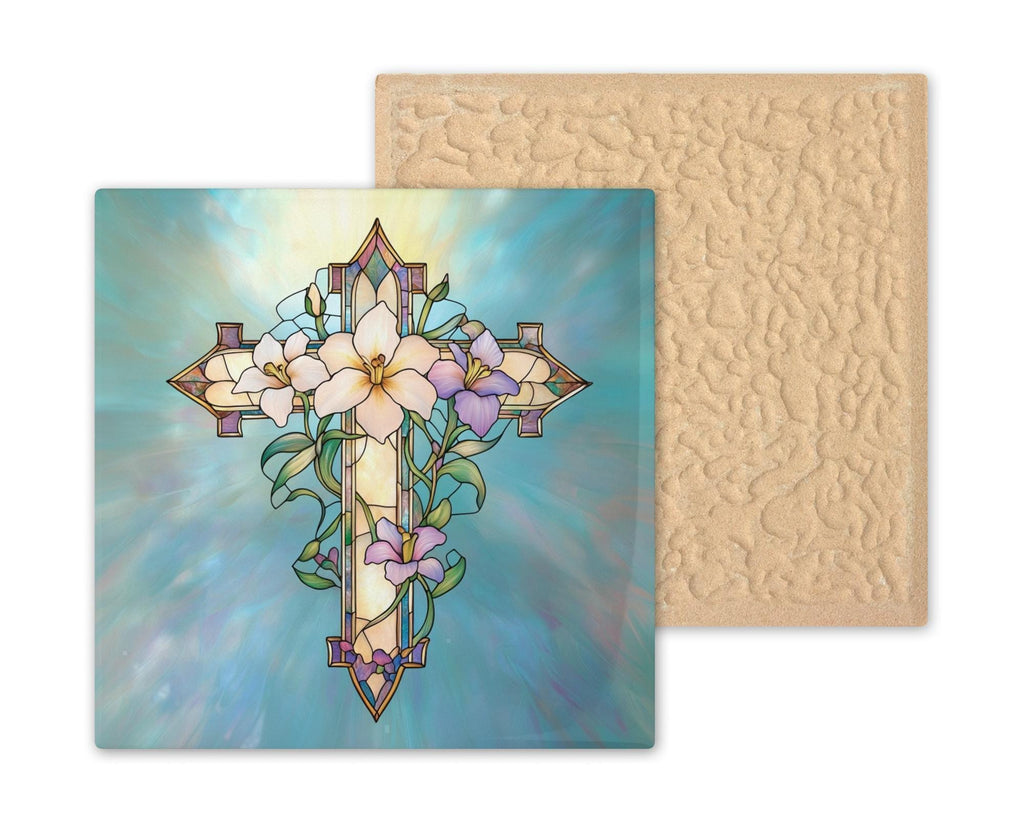 Cross Stained Glass Style Ceramic Art Tile – Easter Lily Christian Faith Wall Decor, William Morris Sympathy Accent