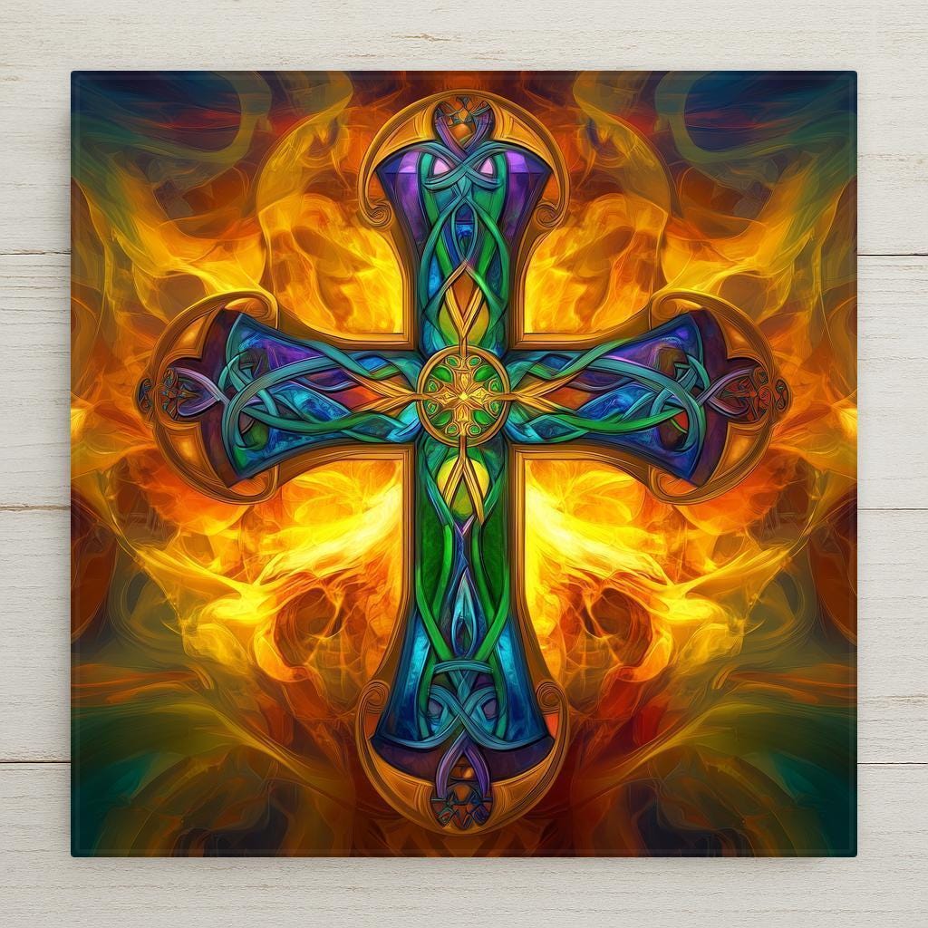Bold and spiritual, this Fiery Celtic Cross Ceramic Tile features vibrant stained-glass colors and intricate knotwork. Perfect for Christian or Irish home decor, it makes a unique gift for baptisms, Easter, or spiritual celebrations. Add this radiant symbol of faith and tradition to your wall or shelf.
