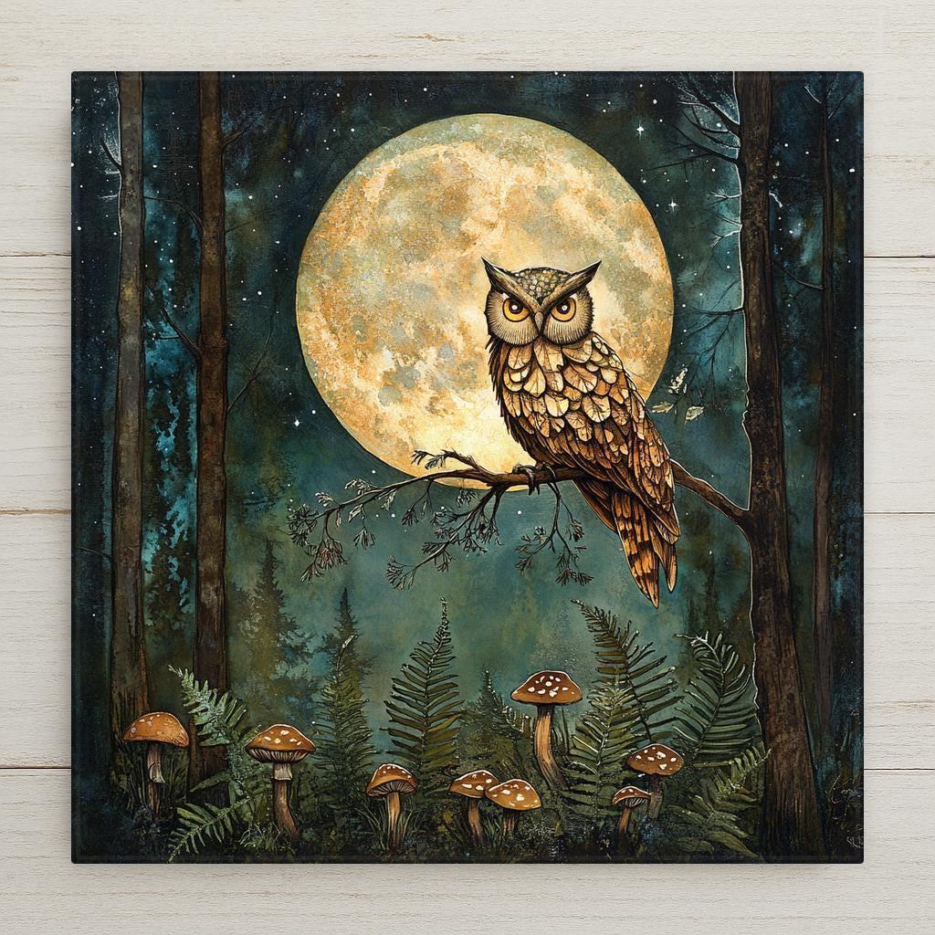 A majestic owl sits beneath a full moon, framed by forest trees, mushrooms, and ferns. This ceramic tile wall art makes a charming woodland gift or rustic home décor accent. Ideal for nature lovers, bird fans, or anyone who finds peace in moonlit forest scenes. Optional tile wall hanger and tile stand available.