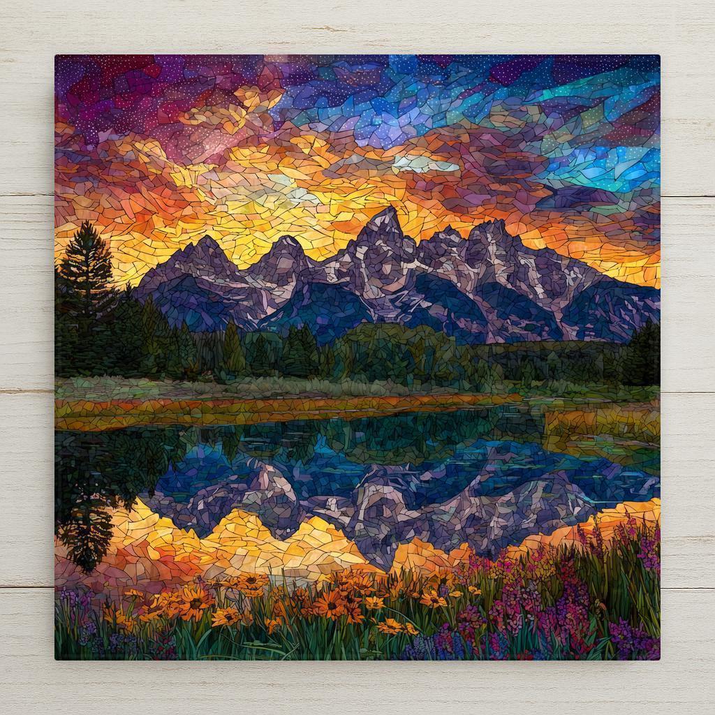 Stained glass style Grand Teton mountain sunset ceramic tile art featuring glowing skies, mountain reflections, and wildflowers. Durable and vivid, this piece is perfect as wall art or tabletop décor. Display with a tile wall hanger, easel stand, or upgrade to the premium frame that works for both wall and table display. Optional cork backing available. Ideal for nature lovers and National Park enthusiasts.