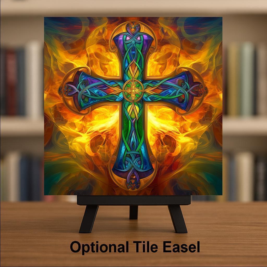 Celtic Cross Stained Glass Style Ceramic Art Tile: Faith Wall Decor Christian Gift Religious Home Decor Wall Art