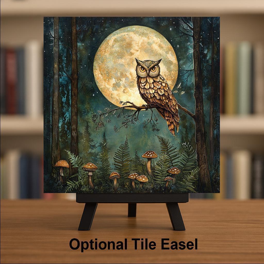 Owl Wall Art Ceramic Tile Woodland Gift Enchanted Decor Mushroom Moon Art Birdwatcher Memorial Nature