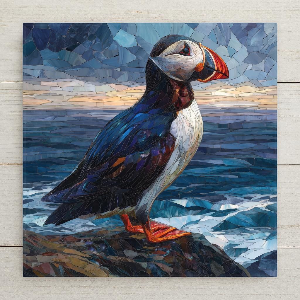 Puffin ceramic tile wall art featuring a colorful seabird in a stained glass–style mosaic design. Inspired by rugged coastal wildlife and ocean scenery. Permanent print on ceramic tile, not real stained glass or stone. Ideal for coastal home decor, bird wall art, and nature-inspired interiors. Optional tile wall hanger, easel tile stand, cork backing, or premium frame available.