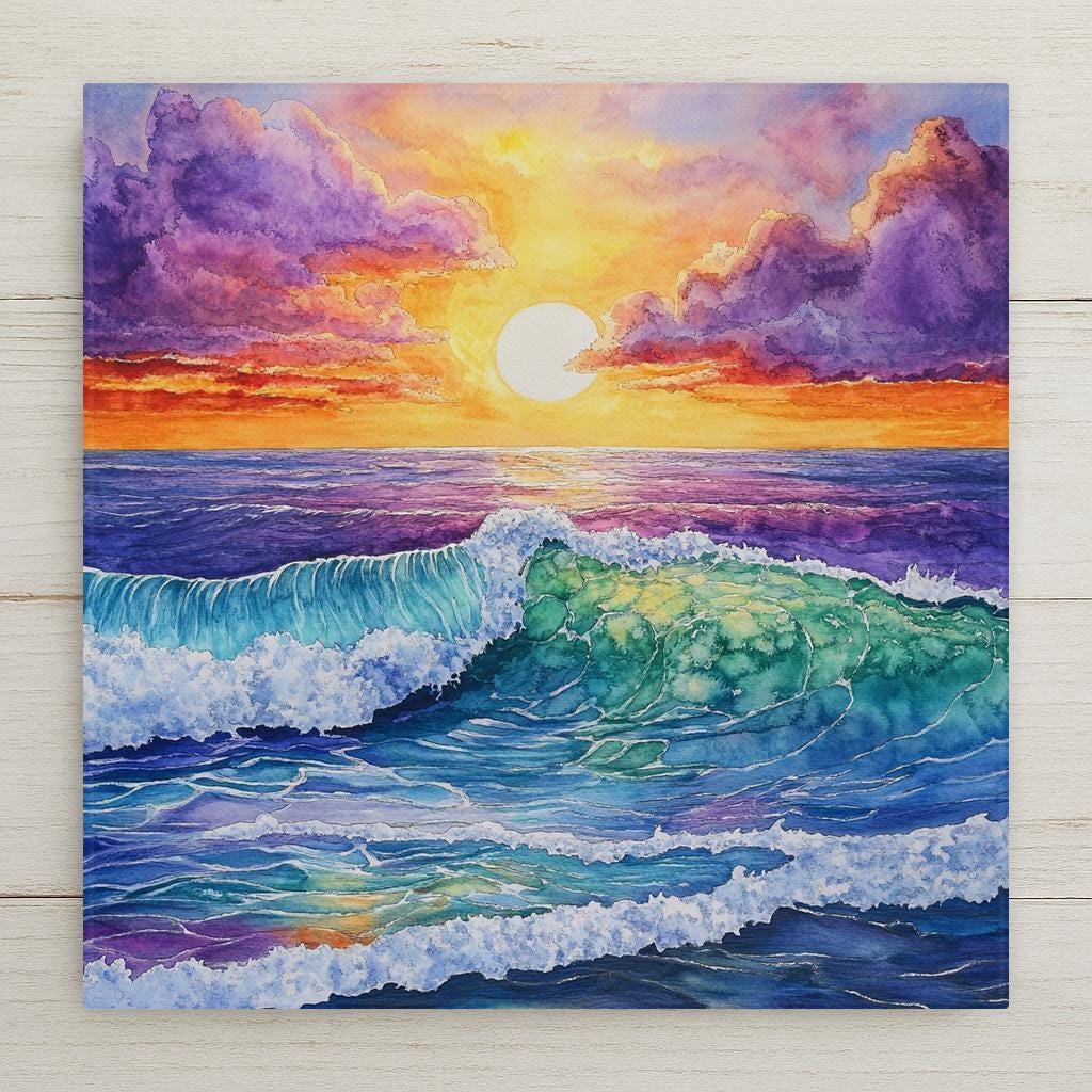 Vibrant ocean sunset tile in watercolor style. Features bold waves, vivid skies, and tropical hues. Ideal for beach, summer, or coastal décor.
