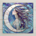 This stained glass-style Moon Goddess tile showcases a dreamy celestial figure framed in a glowing crescent moon. Rich blues and purples swirl around her flowing hair. Display your tile with a tile wall hanger, tile stand, or cork backing—available as optional add-ons.