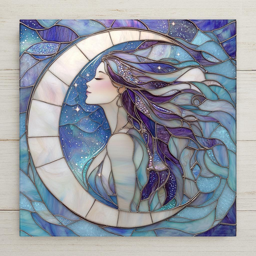 This stained glass-style Moon Goddess tile showcases a dreamy celestial figure framed in a glowing crescent moon. Rich blues and purples swirl around her flowing hair. Display your tile with a tile wall hanger, tile stand, or cork backing—available as optional add-ons.