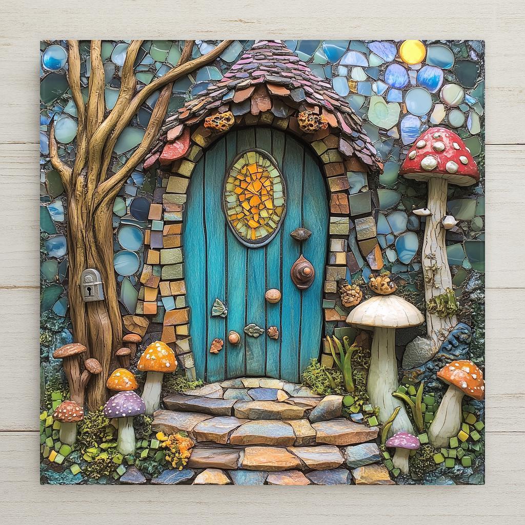 Whimsical fairy house ceramic tile art with a vivid blue door and mosaic texture. Adds storybook charm to cottagecore or fairycore decor.