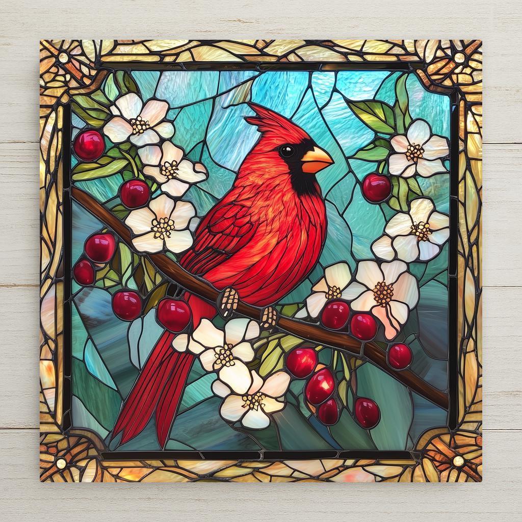 Stained Glass Cardinal Ceramic Tile is a garden tile, cardinal decor, and loved one memorial wall art. A sympathy gift for loss of mom or loss of husband gift. Ideal cardinal gifts, Christmas gift wall decor, mom birthday gift, birthday gift wife, or in memory of tribute. A touching cardinal memorial and cardinal memory gift for the loss of a loved one.