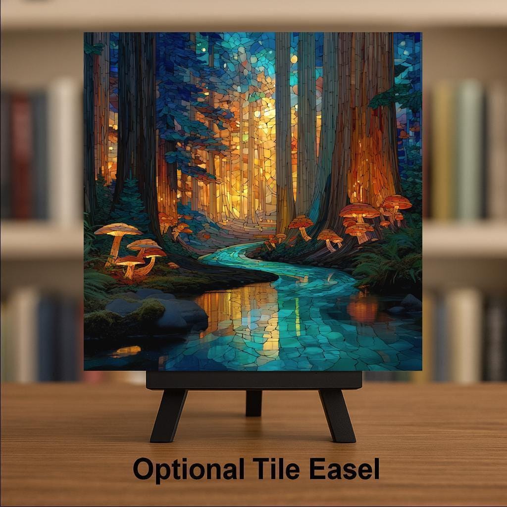 Redwood Forest Wall Art Ceramic Tile Nature Gift Stained Glass Style Decor Enchanted Forest Art Hiker Gift Tile