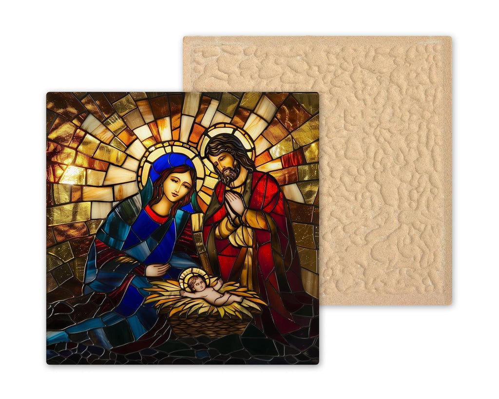 Holy Family Stained Glass Style Ceramic Art Tile – Nativity Christmas Wall Art, Catholic Religious Gift