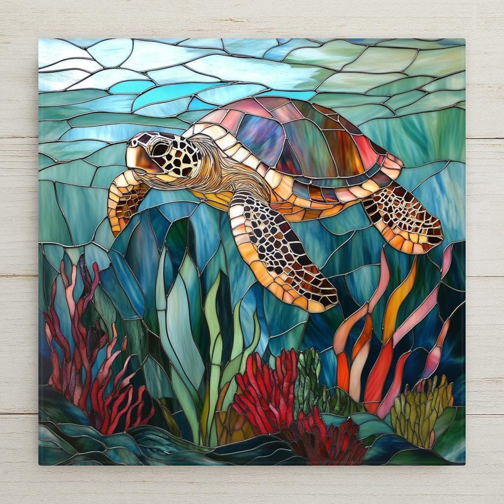 Stained glass-style sea turtle tile with multicolored shell and vibrant coral. A perfect coastal gift or ocean wall art for turtle lovers.