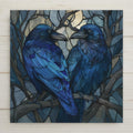 Raven ceramic tile wall art featuring two ravens in a stained glass style design. This is a permanent print on ceramic tile, not real stained glass. A bold gothic bird wall decor piece inspired by nature, symbolism, and folklore. Optional display accessories available. Ideal for mystical home decor, woodland spaces, and raven lovers.