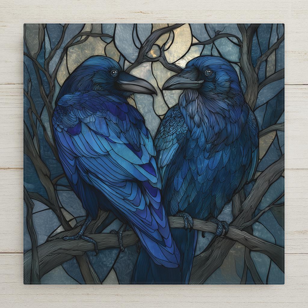 Raven ceramic tile wall art featuring two ravens in a stained glass style design. This is a permanent print on ceramic tile, not real stained glass. A bold gothic bird wall decor piece inspired by nature, symbolism, and folklore. Optional display accessories available. Ideal for mystical home decor, woodland spaces, and raven lovers.