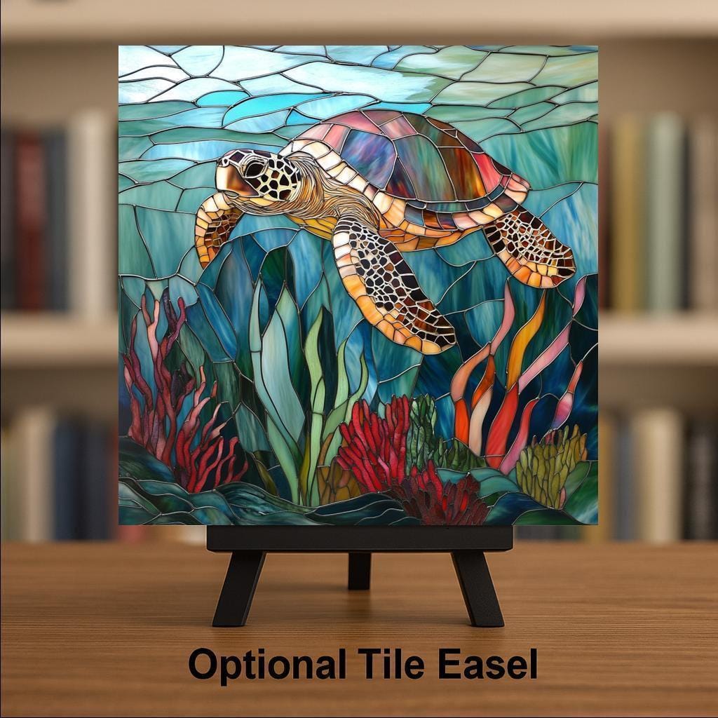 Sea Turtle Wall Art Ceramic Tile Stained Glass Style Coastal Gift Ocean Nature Art Turtle Lover Beach House Gift