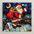 Stained glass–style ceramic tile featuring Santa Claus on a snowy rooftop with his bag of toys beneath a glowing moon and stars. While it may look like stained glass or mosaic, this is a permanent print on tile. Printed with premium inks for vivid, lasting color. Optional add-ons include a tile wall hanger, easel tile stand, or cork backing. Perfect for Christmas décor, festive wall art, or seasonal holiday gifts.