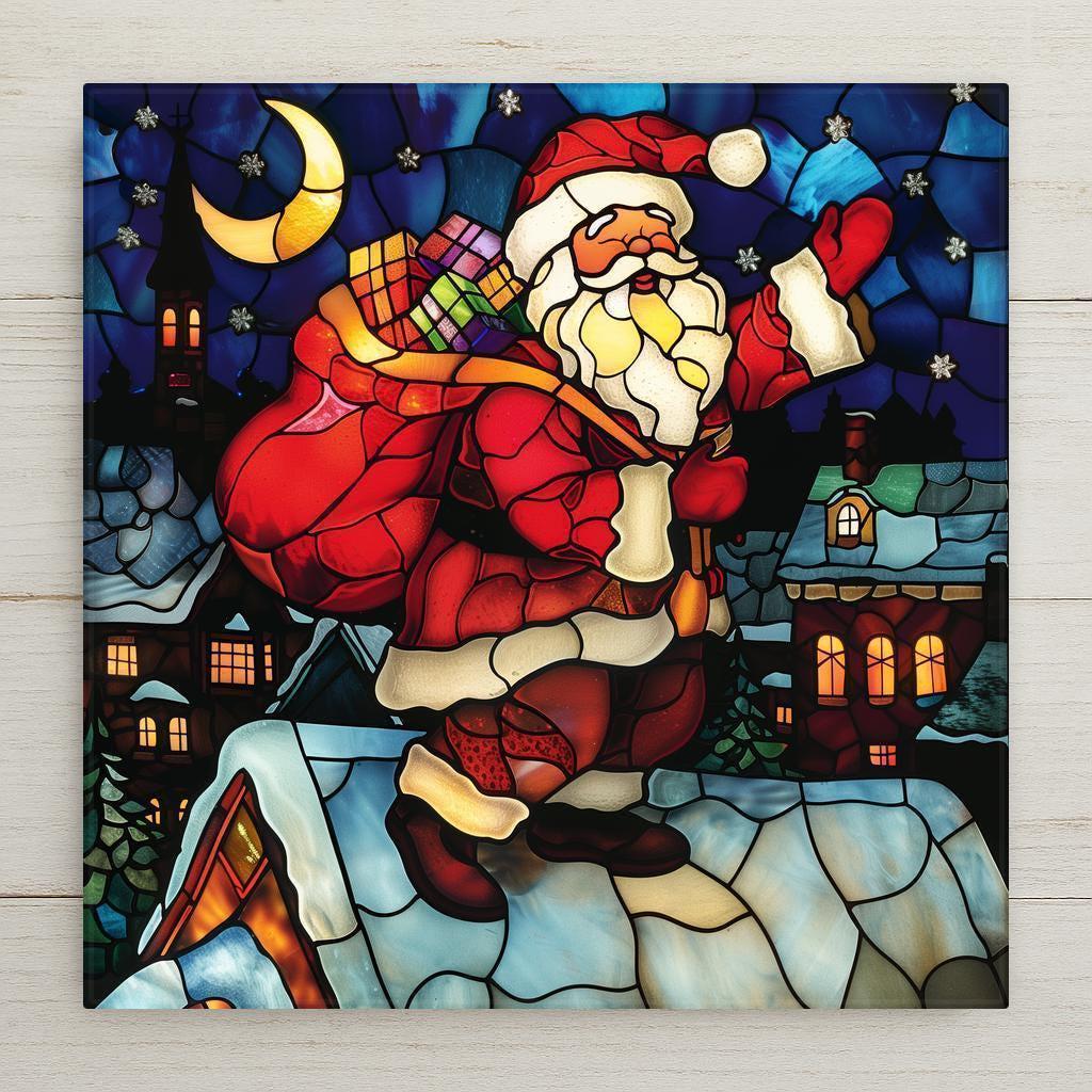 Stained glass–style ceramic tile featuring Santa Claus on a snowy rooftop with his bag of toys beneath a glowing moon and stars. While it may look like stained glass or mosaic, this is a permanent print on tile. Printed with premium inks for vivid, lasting color. Optional add-ons include a tile wall hanger, easel tile stand, or cork backing. Perfect for Christmas décor, festive wall art, or seasonal holiday gifts.