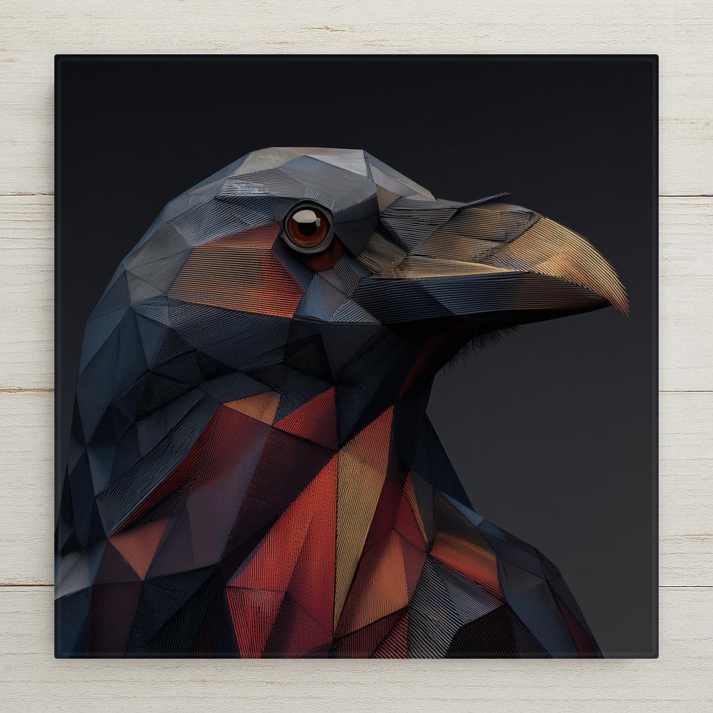 Geometric raven wall art ceramic tile in stained glass style with bold colors and faceted design. Perfect gothic gift for bird and art lovers wall decor. Optional tile wall hanger, easel tile stand, or cork backing available.