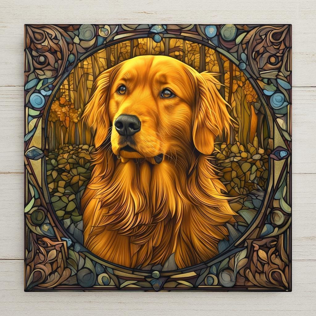 Stained glass style ceramic art tile of a Golden Retriever portrait framed in a leaded glass circle with autumn foliage behind — a dog memorial and remembrance keepsake for pet loss.
