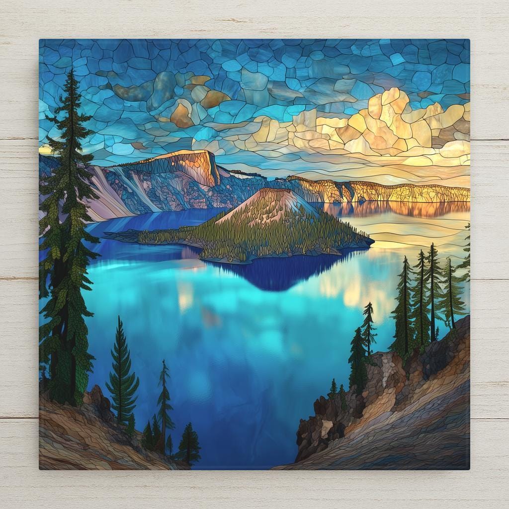 Crater Lake stained-glass-style ceramic tile featuring vivid turquoise waters and golden mountains. Perfect wall art for home decor. Optional tile wall hanger, tile stand, cork backing, and premium frame available. Permanent print on tile, not real stained glass or mosaic.